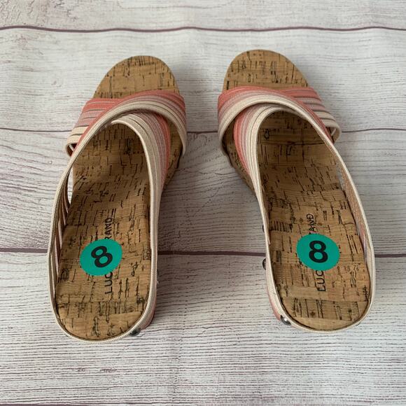 Lucky Brand Pink Ombre Sandals Cork Wedge Metal Stud Detail LP Mykayla Size 8 - Picture 7 of 10